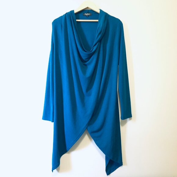 Peacock Blue Button Wrapover Handkerchief Hem Sweater - Picture 3 of 16